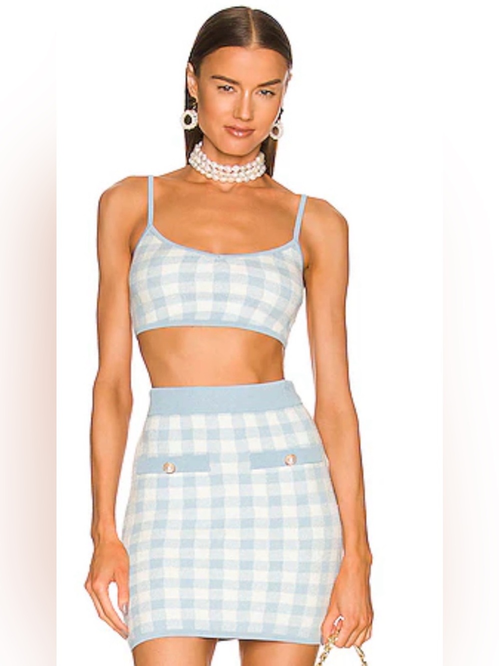 ASSIGNMENT Sadie Knit Plaid Cropped Tank Set in Baby Blue & White NWT